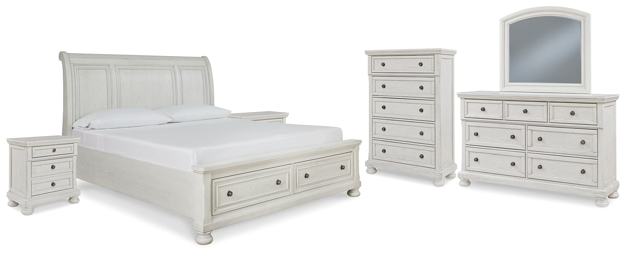 Robbinsdale King Sleigh Bed with Storage with Mirrored Dresser, Chest and 2 Nightstands