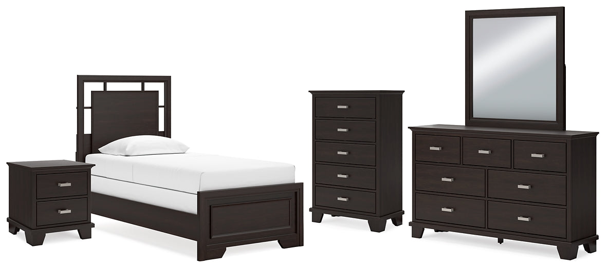 Covetown Twin Panel Bed with Mirrored Dresser, Chest and Nightstand