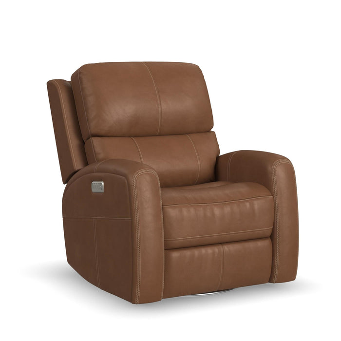 Linden Caramel Leather Power Swivel Gliding Recliner with Power Headrest, Lumbar, Heat & Massage