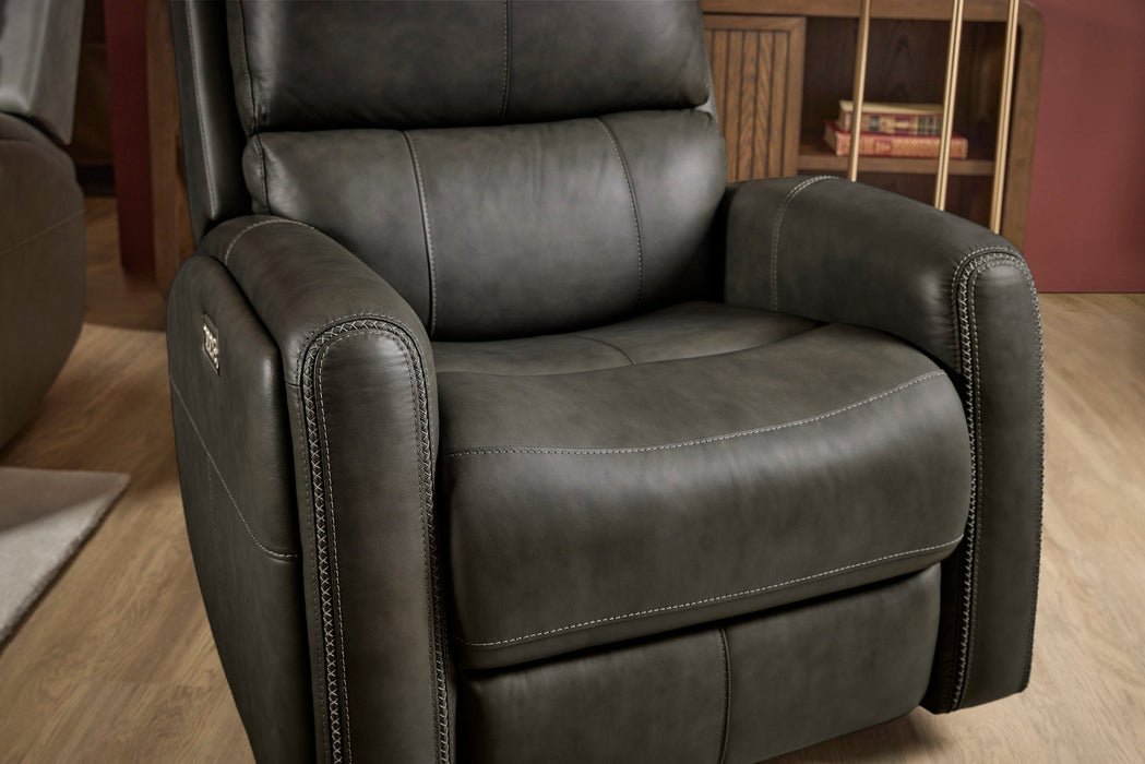 Linden Charcoal Leather Power Swivel Gliding Recliner with Power Headrest, Lumbar, Heat & Massage