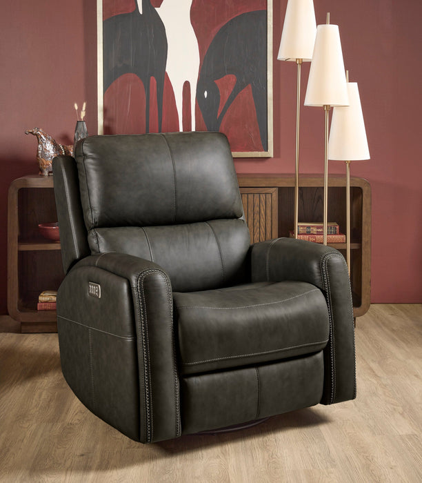 Linden Charcoal Leather Power Swivel Gliding Recliner with Power Headrest, Lumbar, Heat & Massage