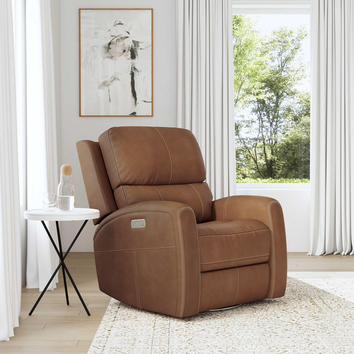 Linden Caramel Leather Power Swivel Gliding Recliner with Power Headrest, Lumbar, Heat & Massage