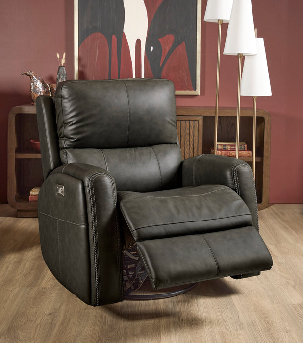 Linden Charcoal Leather Power Swivel Gliding Recliner with Power Headrest, Lumbar, Heat & Massage