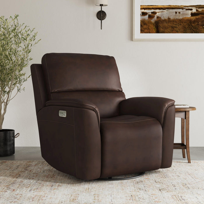 Henry Burnt Umber Leather Power Swivel Gliding Recliner with Power Headrest, Lumbar, Heat & Massage