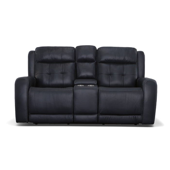 Grant Denim Leather Power Reclining Loveseat with Console & Power Headrests