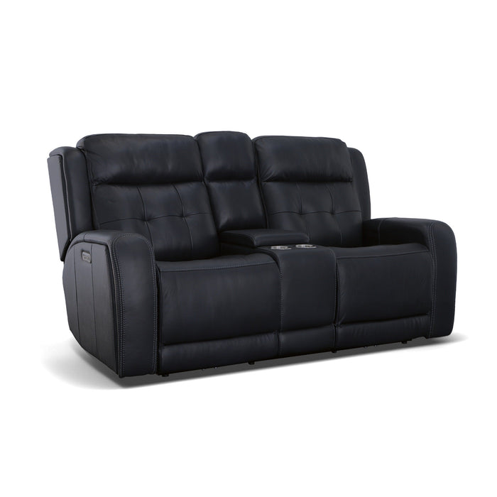 Grant Denim Leather Power Reclining Loveseat with Console & Power Headrests