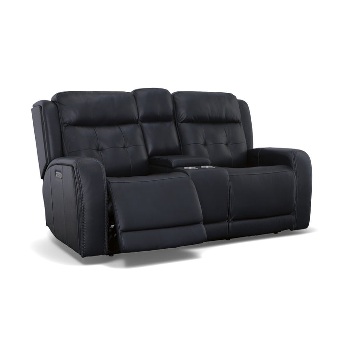 Grant Denim Leather Power Reclining Loveseat with Console & Power Headrests