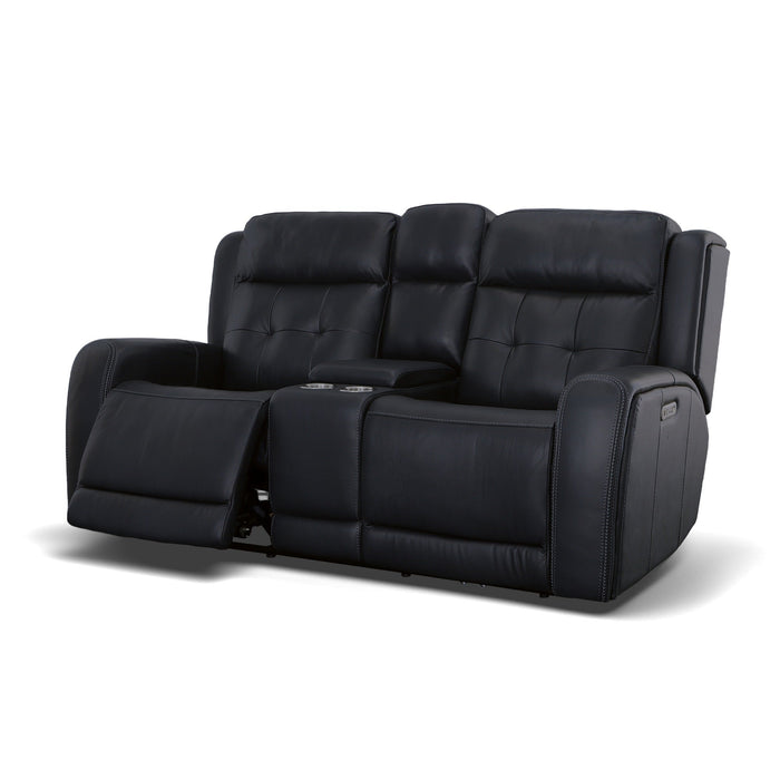 Grant Denim Leather Power Reclining Loveseat with Console & Power Headrests