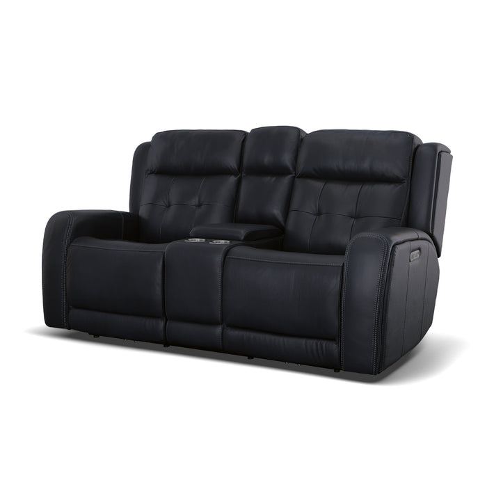 Grant Denim Leather Power Reclining Loveseat with Console & Power Headrests