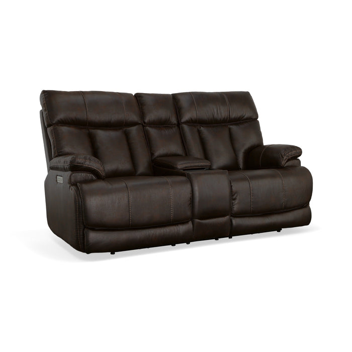 Clive Clove Fabric Power Reclining Loveseat with Console, Power Headrests & Lumbar