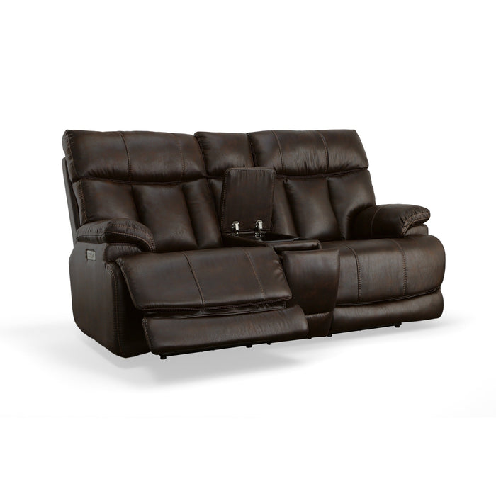 Clive Clove Fabric Power Reclining Loveseat with Console, Power Headrests & Lumbar