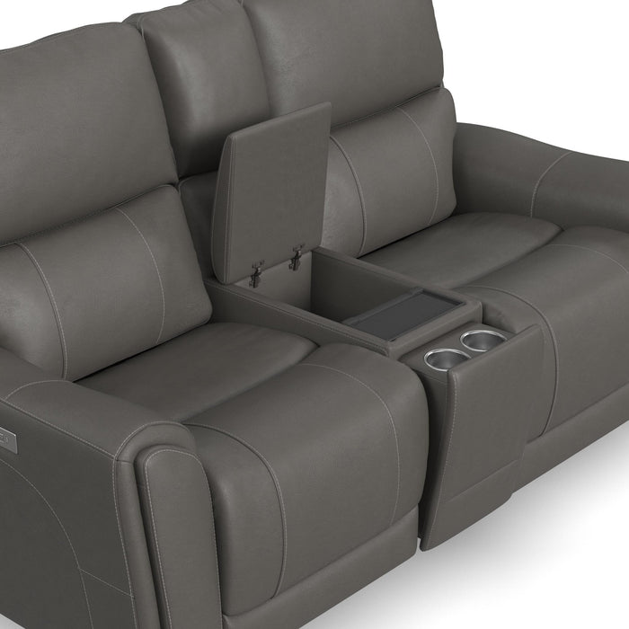 Carter Smoke Fabric Power Reclining Loveseat with Console & Power Headrests & Lumbar