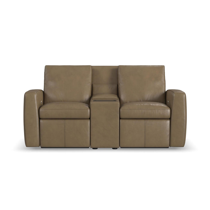 Aria Fawn Leather Power Reclining Loveseat with Console