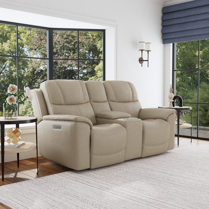 Crew Pebble Leather Power Reclining Loveseat with Console, Power Headrests & Lumbar