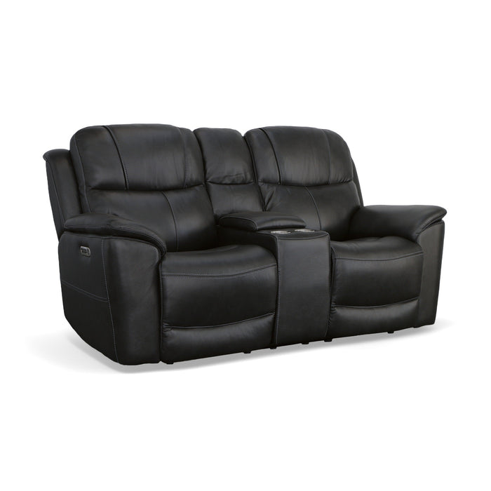 Crew Raven Leather Power Reclining Loveseat with Console, Power Headrests & Lumbar