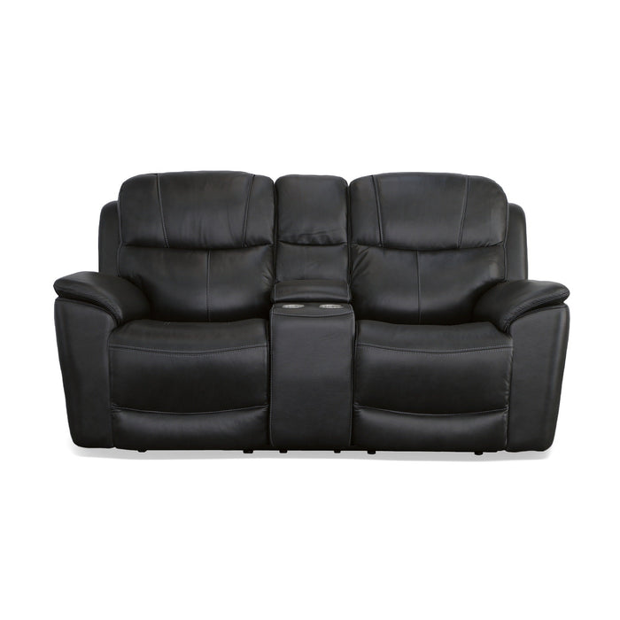 Crew Raven Leather Power Reclining Loveseat with Console, Power Headrests & Lumbar