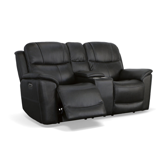 Crew Raven Leather Power Reclining Loveseat with Console, Power Headrests & Lumbar