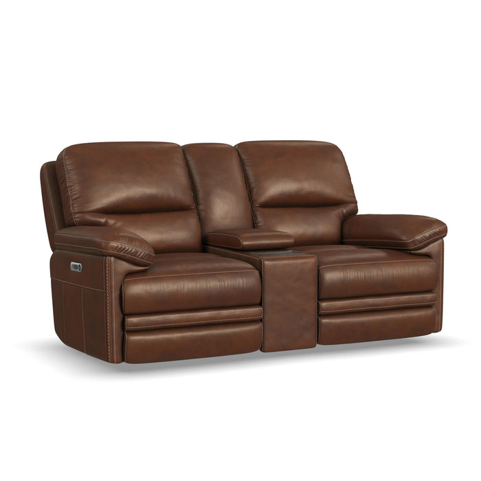 David Pecan Leather Power Reclining Loveseat with Console, Power Headrests & Lumbar