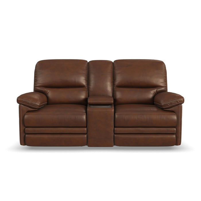 David Pecan Leather Power Reclining Loveseat with Console, Power Headrests & Lumbar