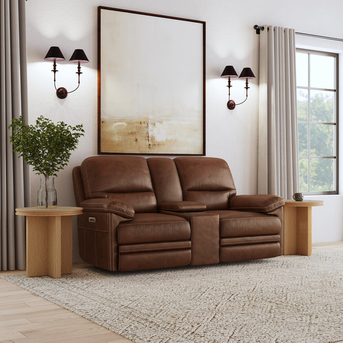 David Pecan Leather Power Reclining Loveseat with Console, Power Headrests & Lumbar