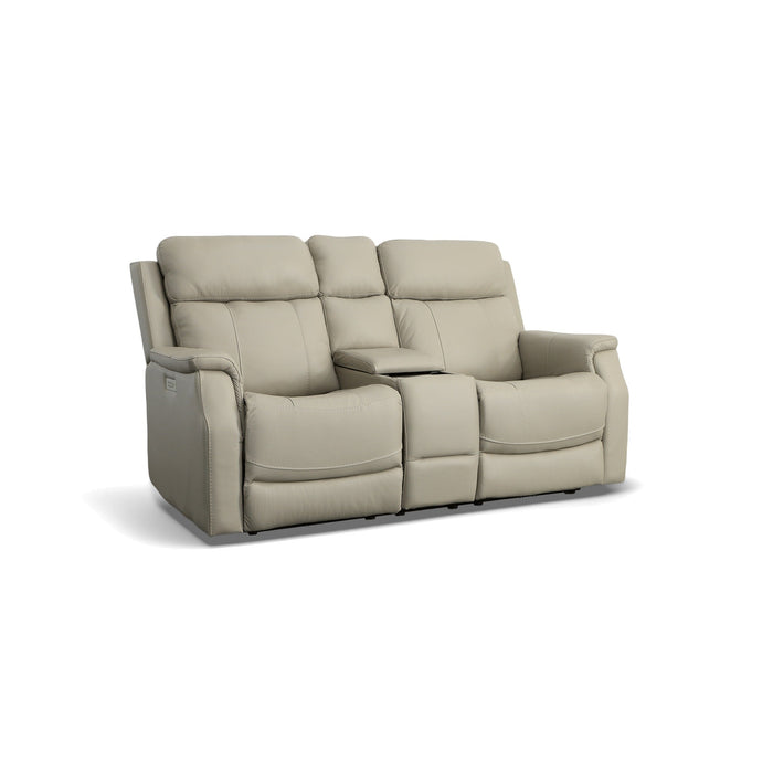 Easton Dove Leather Power Reclining Loveseat with Console, Power Headrests & Lumbar