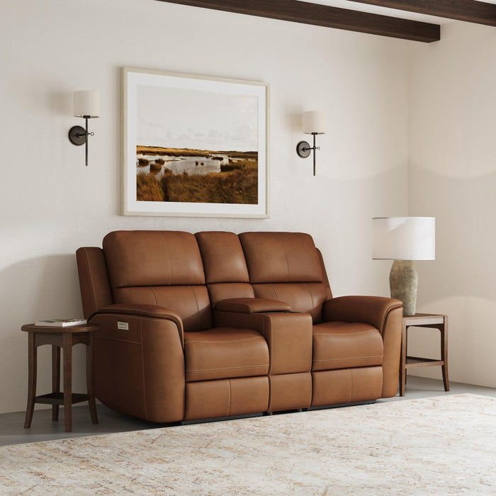 Henry Caramel Leather Power Reclining Loveseat with Console & Power Headrests & Lumbar