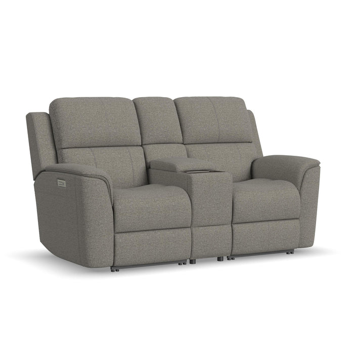 Henry Fog Fabric Power Reclining Loveseat with Console & Power Headrests & Lumbar