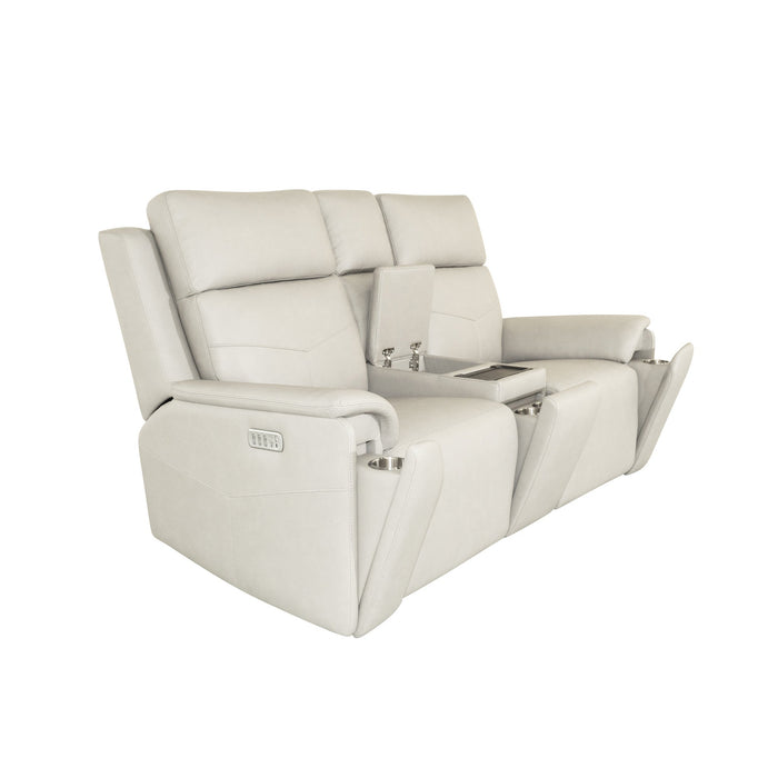 Vernon Dove Grey Fabric Power Reclining Loveseat with Console, Power Headrests, Lumbar, Heat & Massage