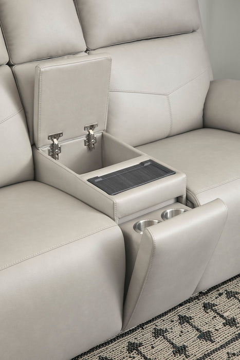 Vernon Dove Grey Fabric Power Reclining Loveseat with Console, Power Headrests, Lumbar, Heat & Massage