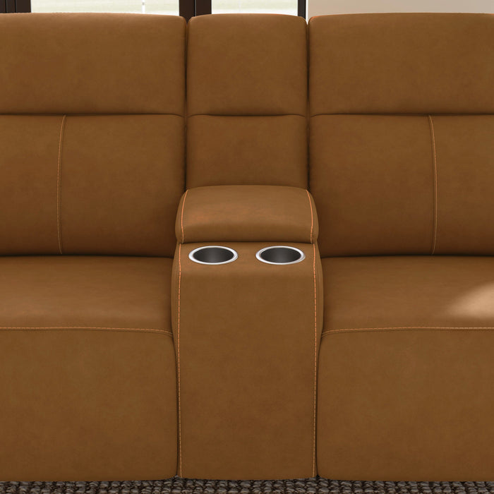 Walter Honey Leather Power Reclining Loveseat with Console & Power Headrests