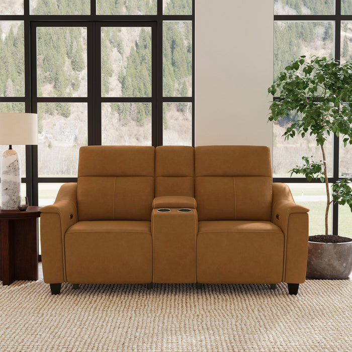 Walter Honey Leather Power Reclining Loveseat with Console & Power Headrests