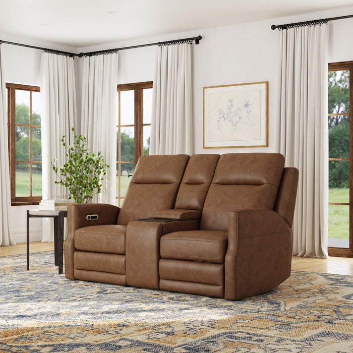 Maxwell Cedar Leather Power Reclining Loveseat with Console, Power Headrests and Lumbar