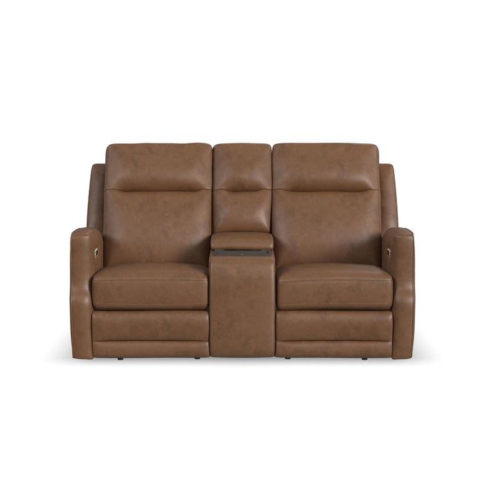 Maxwell Cedar Leather Power Reclining Loveseat with Console, Power Headrests and Lumbar