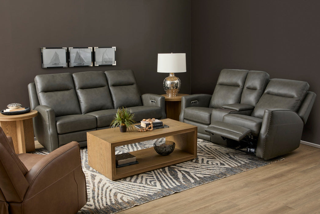 Maxwell Cinder Leather Power Reclining Loveseat with Console, Power Headrests and Lumbar