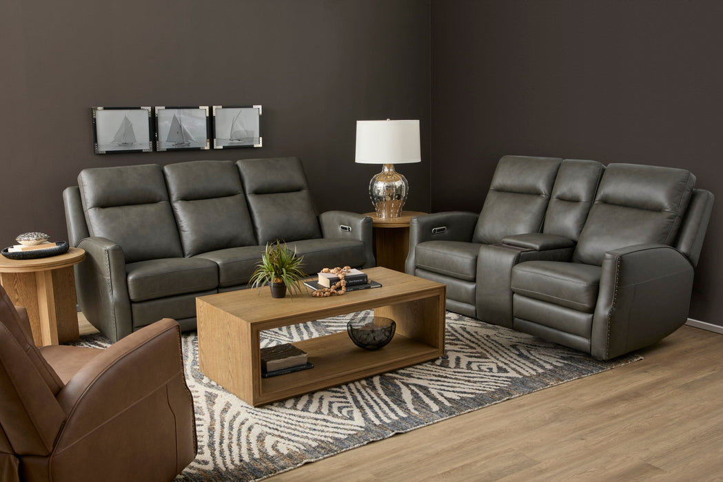 Maxwell Cinder Leather Power Reclining Loveseat with Console, Power Headrests and Lumbar