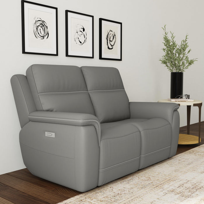 Sawyer Grey Leather Power Reclining Loveseat w/ Pwr Headrests, Lumbar