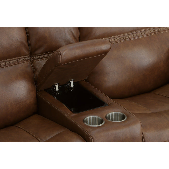 Fenwick Cognac Leather Power Reclining Loveseat with Console & Power Headrests