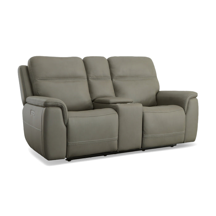 Sawyer Grey Leather Pwr Recl Loveseat w/ Console, Pwr Hdrsts, Lumbar