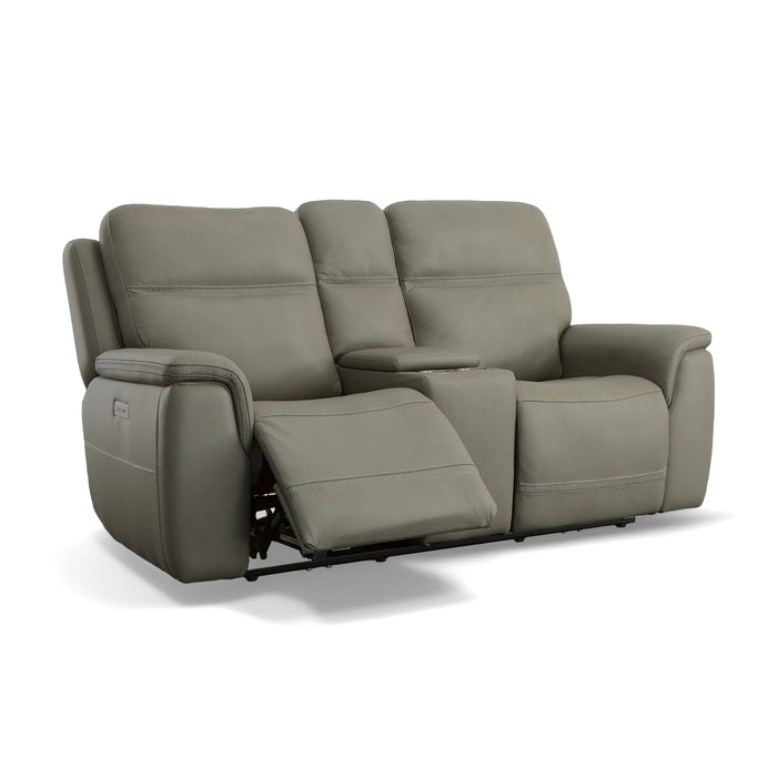 Sawyer Grey Leather Pwr Recl Loveseat w/ Console, Pwr Hdrsts, Lumbar