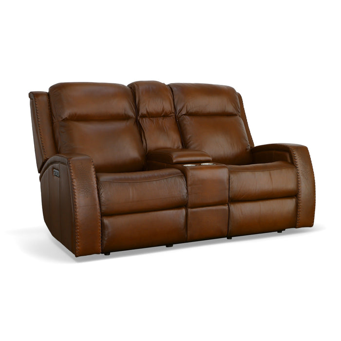 Mustang Rust Leather Power Loveseat with Console with Power Headrest