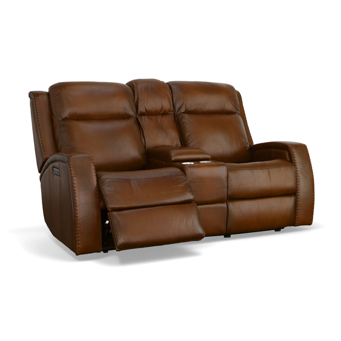 Mustang Rust Leather Power Loveseat with Console with Power Headrest