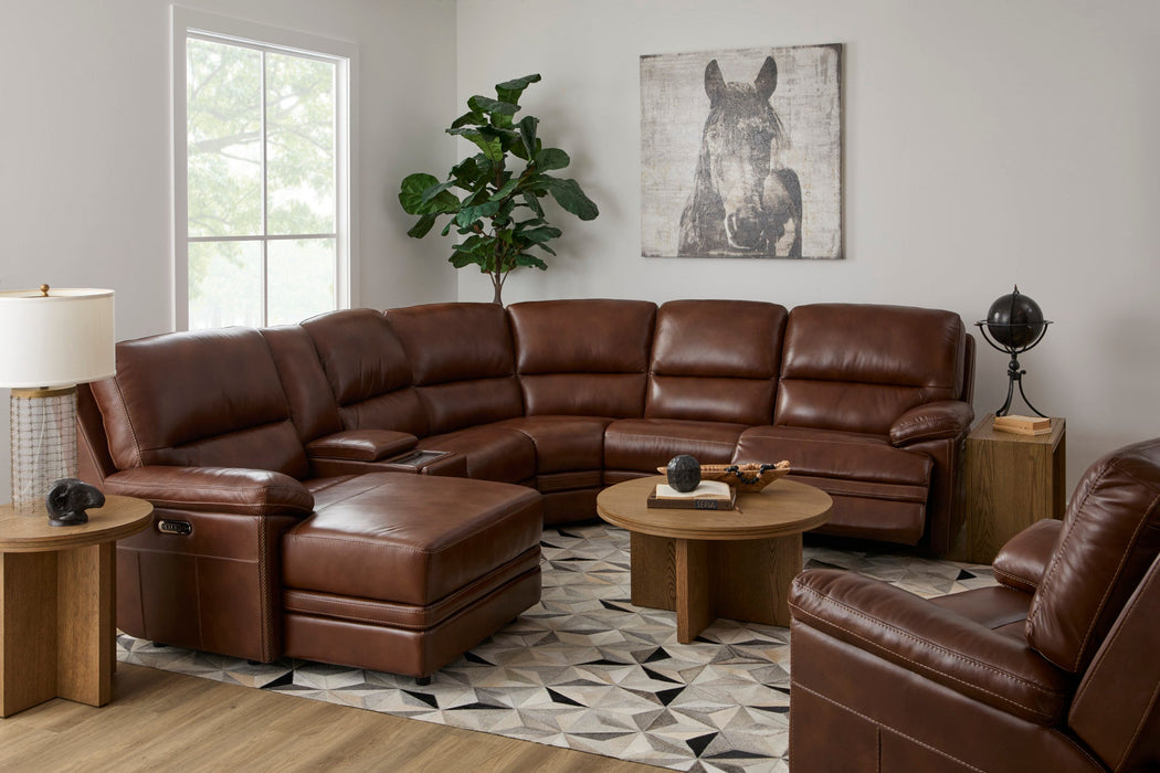 David Pecan Leather Power Reclining Sectional with Power Headrests & Lumbar