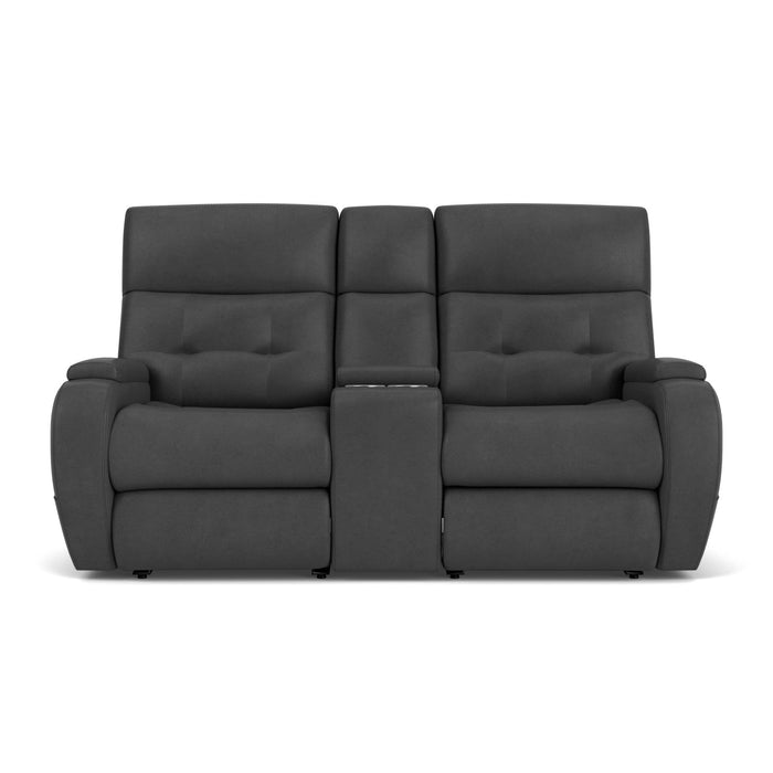 Strait Leather Power Reclining Loveseat with Console & Power Headrests