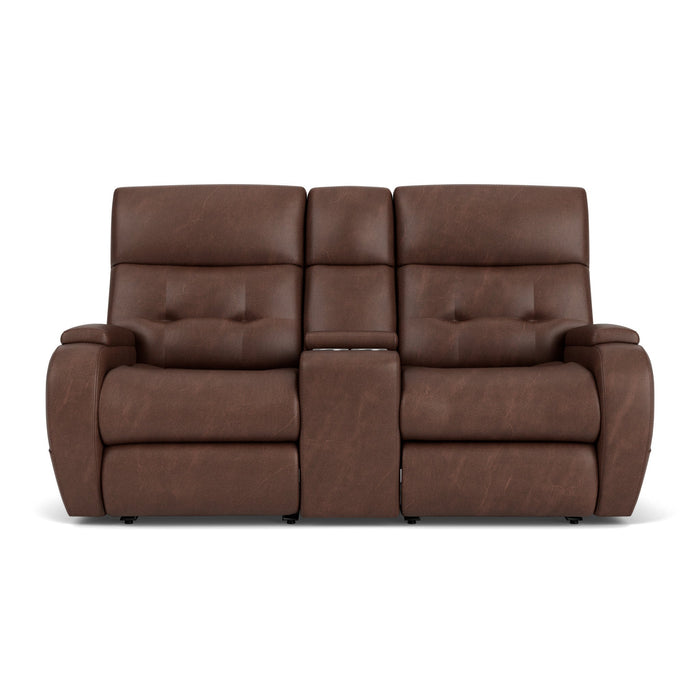 Strait Leather Power Reclining Loveseat with Console & Power Headrests