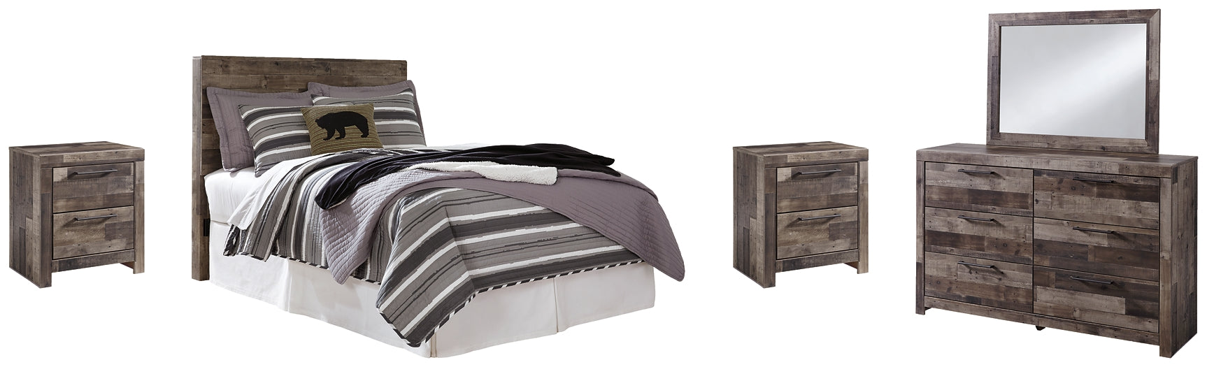 Derekson Full Panel Headboard with Mirrored Dresser and 2 Nightstands