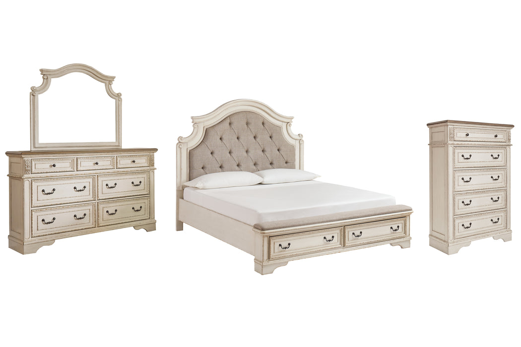 Realyn King Upholstered Bed with Mirrored Dresser and Chest