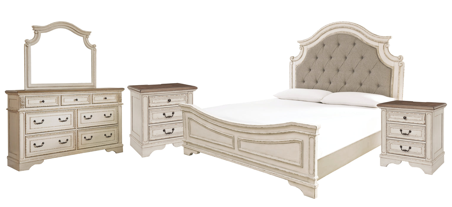 Realyn King Upholstered Panel Bed with Mirrored Dresser and 2 Nightstands