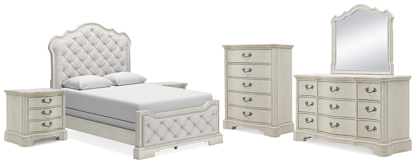 Arlendyne Queen Upholstered Bed with Mirrored Dresser, Chest and 2 Nightstands